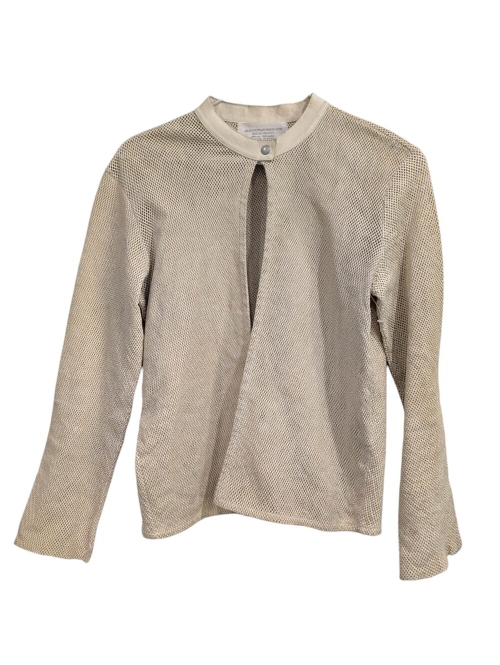 Majestic Filatures Premium Genuine Leather Mesh Knit Top Cardigan Beige